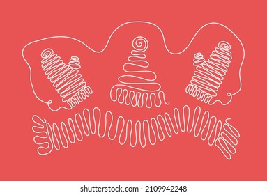 Knitting, cartoon winter clothes. Drawings in one line. Knitting threads, line art elements. Vector illustration with isolated background.