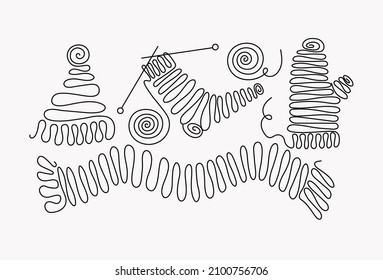 Knitting, cartoon winter clothes. Knitting threads. One line drawings. Christmas, knitting threads, line art elements. Vector illustration with isolated background.