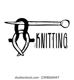 Knitting. Cast-on loops on a knitting needle with an inscription. Vector illustration in freehand style.