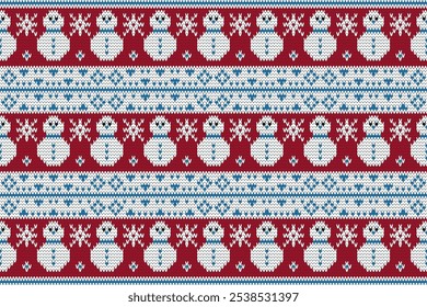 Knitting christmas seamless pattern geometric with snowman ornament. Fabric Seamless pattern.Vector illustration. Ikat ethnic oriental embroidery,Aztec style,baroque.design for texture,clothing