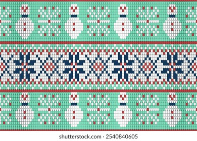 Knitting christmas seamless pattern geometric, snowman, flower ornament. Fabric Seamless pattern.Vector illustration. Ikat ethnic oriental embroidery,Aztec style,baroque.design for texture,clothing