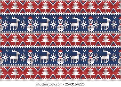 Knitting christmas seamless pattern geometric, snowman, reindeer ornament. Fabric Seamless pattern.Vector illustration. Ikat ethnic oriental embroidery,Aztec style,baroque.design for texture,clothing