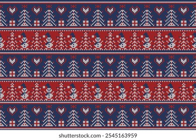 Knitting christmas seamless pattern geometric, snowman, reindeer ornament. Fabric Seamless pattern.Vector illustration. Ikat ethnic oriental embroidery,Aztec style,baroque.design for texture,clothing