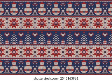 Knitting christmas seamless pattern geometric, snowman, reindeer ornament. Fabric Seamless pattern.Vector illustration. Ikat ethnic oriental embroidery,Aztec style,baroque.design for texture,clothing