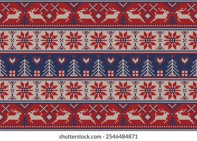 Knitting christmas seamless pattern geometric, snowman, reindeer ornament. Fabric Seamless pattern.Vector illustration. Ikat ethnic oriental embroidery,Aztec style,baroque.design for texture,clothing