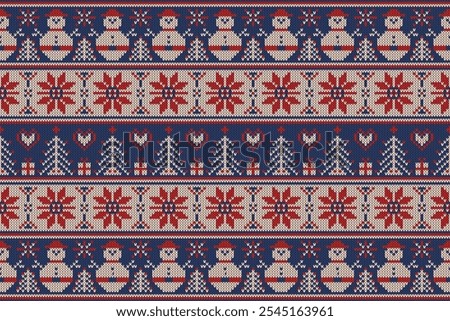 Knitting christmas seamless pattern geometric, snowman, reindeer ornament. Fabric Seamless pattern.Vector illustration. Ikat ethnic oriental embroidery,Aztec style,baroque.design for texture,clothing
