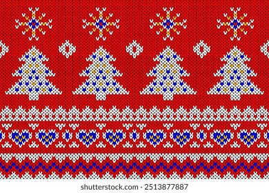 Knitting. Christmas seamless pattern. Vector. Red knitted sweater texture. Set Xmas winter geometric background. Holiday fair isle traditional ornaments. Wool pullover illustration. Festive crochet