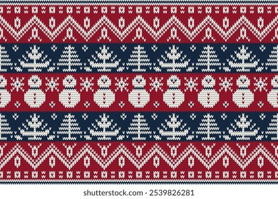 Knitting christmas tree seamless pattern geometric, snowman,ornament. Fabric Seamless pattern.Vector illustration. Ikat ethnic oriental embroidery,Aztec style,baroque.design for texture,clothing