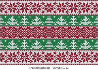 Knitting christmas tree seamless pattern geometric, snowman,ornament. Fabric Seamless pattern.Vector illustration. Ikat ethnic oriental embroidery,Aztec style,baroque.design for texture,clothing