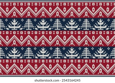 Knitting christmas tree seamless pattern geometric, snowman,ornament. Fabric Seamless pattern.Vector illustration. Ikat ethnic oriental embroidery,Aztec style,baroque.design for texture,clothing