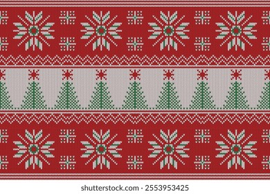 Knitting christmas tree seamless pattern geometric, snowman,ornament. Fabric Seamless pattern.Vector illustration. Ikat ethnic oriental embroidery,Aztec style,baroque.design for texture,clothing