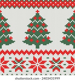 Knitting Christmas tree and snow ornament. Seamless pattern. Vector illustration.