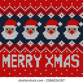 Knitting Christmas ugly sweater ornament with Santa face and text Merry x-mas. Vector illustration.