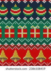 Knitting Christmas ugly sweater ornament with Christmas ball, present and bell. Seamless pattern. Vector illustration.