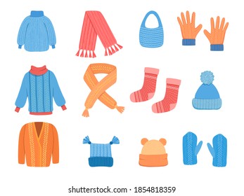 Knitting clothes. Winter cup cardigan jacket scarf woolen coat vector colored stylish clothes vector collection