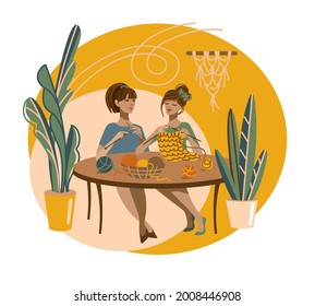 Knitting club, group of women knitting and talking, fun hobby, handmade, knitting classes, vector