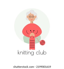 Knitting Club Logo. Happy Grandmother Hoding Knitting Needles. Illustration For Themed Clubs, Magazine Articles. Vector 
