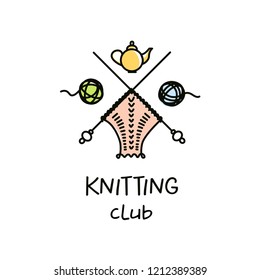 Knitting club vector template logo. Illustration knitting accessories on white background for home salon service, atelier tailoring fashion, dress studio. Needle pins and wool clew. Knit and crochet.