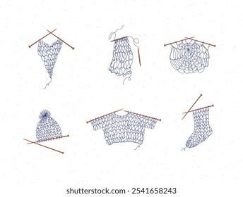 Knitting collection with needles, sweater, sock, hat, napkin, yarn, wool, cap drawing in line art style on white color background.