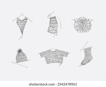 Knitting collection with needles, sweater, sock, hat, napkin, yarn, wool, cap drawing in line art style on beige color background.