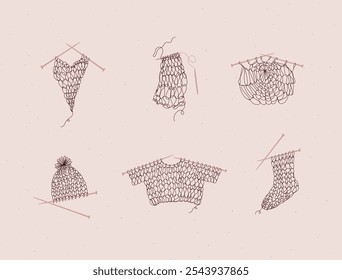 Knitting collection with needles, sweater, sock, hat, napkin, yarn, wool, cap drawing in line art style on pink color background.