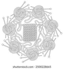 Knitting - coloring page mandala. Hand drawn black and white vector illustration.