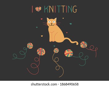 Knitting, composition with a cat and a ball of woolen yarn in a doodle style. For a yarn shop or tailor. Vector illustration.