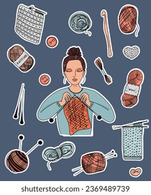 Knitting Concept. Knitting skein sticker set. Woman knitting. Threads, yarn, needlework.  Doodle style, hand illustrations