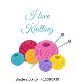 Knitting concept. Vector illustration of colored balls of yarn and knitting needles isolated on white background. Skeins of thread in cartoon flat style. Craft, handmade banner.