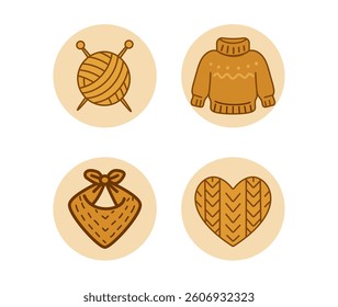 knitting and cozy fashion icons in caramel tones for handmade baby and winter projects vector