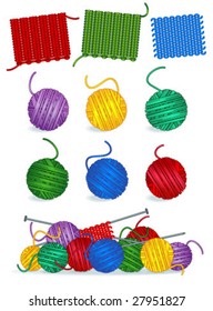 Knitting craft or hobby vector design elements - multi colored yarn, needles, samples, work in progress ( for high res JPEG or TIFF see image 27951830 )
