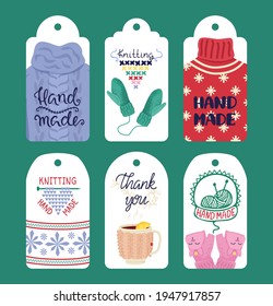 Knitting craft tag design, label set vector illustration. Vintage handmade decoration, fashion knitting and sewing sign icon.