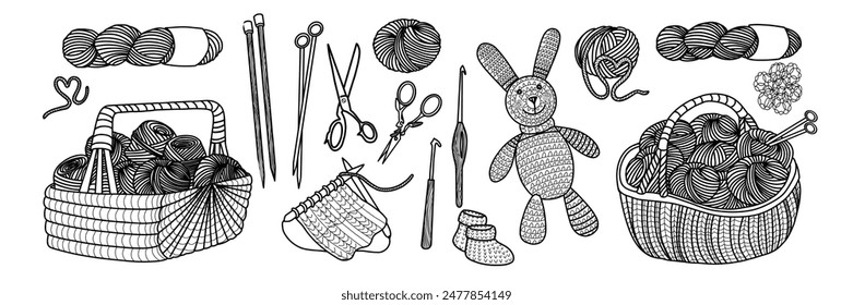 Knitting and croched hobby clipart. Yarn, needlework, gift. Handmade essentials. Vector stock illustration. Hand painted.