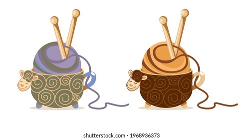 Knitting, Crochet. Ball of yarn.  Logo for yarns shop. Handmade, hobby. Vector illustration.