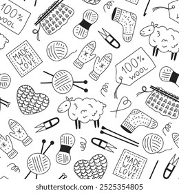 Knitting and Crochet Doodle Elements Seamless Pattern. Hand drawn black and white needlecraft background with tools knitwear wool symbols. Repeat vector illustration