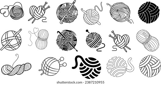 Knitting, crochet essentials vector illustration. yarn balls, knitting needles, crochet hooks. Perfect for crafting, knitting, and crocheting projects. Ideal for textile, embroidery, needlework themes svg