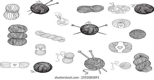 Knitting, crochet essentials vector illustration. yarn balls, knitting needles, crochet hooks.