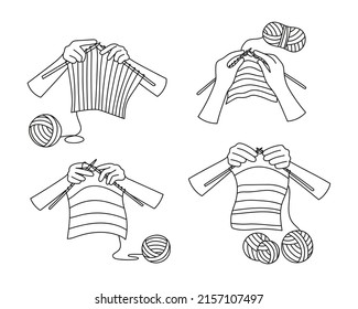 Knitting, crochet in hand drawn sketch. Hands hold a knitted fabric on the needles. Hobby, handmade, handicraft. Collection of doodle isolated vector illustrations