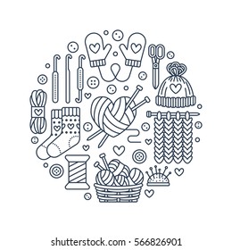 Knitting, crochet, hand made banner illustration. Vector line icon knitting needle, hook, scarf, socks, pattern, wool skeins and other DIY equipment. Yarn or tailor store template