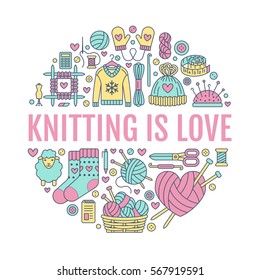 Knitting, crochet, hand made banner illustration. Vector line icon knitting needle, hook, scarf, socks, pattern, wool skeins and other DIY equipment. Yarn or tailor store template with place for text.