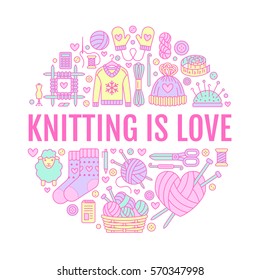 Knitting, crochet, hand made banner illustration. Vector line icon knitting needle, hook, scarf, socks, pattern, wool skeins and other DIY equipment. Yarn or tailor store template with place for text