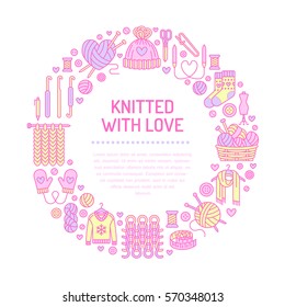 Knitting, crochet, hand made banner illustration. Vector line icon knitting needle, hook, scarf, socks, pattern, wool skeins and other DIY equipment. Yarn or tailor store template with place for text