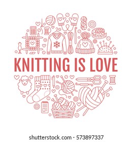 Knitting, crochet, hand made banner illustration. Vector line icon knitting needle, hook, scarf, socks, pattern, wool skeins and other DIY equipment. Yarn or tailor store template with place for text