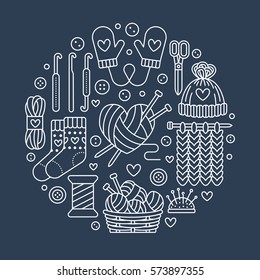 Knitting, crochet, hand made banner illustration. Vector line icon knitting needle, hook, scarf, socks, pattern, wool skeins and other DIY equipment. Yarn or tailor store template