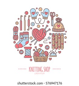 Knitting, crochet, hand made banner illustration. Vector line icon knitting needle, hook, scarf, socks, pattern, wool skeins and other DIY equipment. Yarn or tailor store template svg