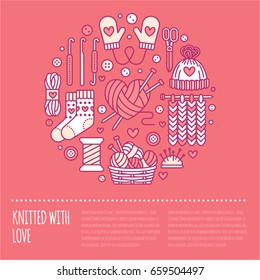 Knitting, crochet, hand made banner illustration. Vector line icon knit needle, hook, scarf, socks, pattern, wool skeins and other DIY equipment. Yarn or tailor store template.
