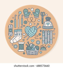 Knitting, crochet, hand made banner illustration. Vector line icon knit needle, hook, scarf, socks, pattern, wool skeins and other DIY equipment. Yarn or tailor store template.