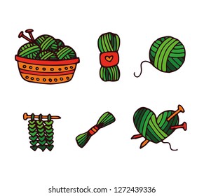 Knitting, crochet, hand made line icons set. Knitting needle, hook, scarf, socks, pattern, wool skeins and other DIY equipment. Linear signs set, logos with editable stroke for yarn or tailor store