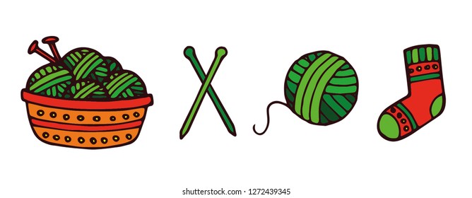 Knitting, crochet, hand made line icons set. Knitting needle, hook, scarf, socks, pattern, wool skeins and other DIY equipment. Linear signs set, logos with editable stroke for yarn or tailor store