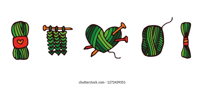 Knitting, crochet, hand made line icons set. Knitting needle, hook, scarf, socks, pattern, wool skeins and other DIY equipment. Linear signs set, logos with editable stroke for yarn or tailor store